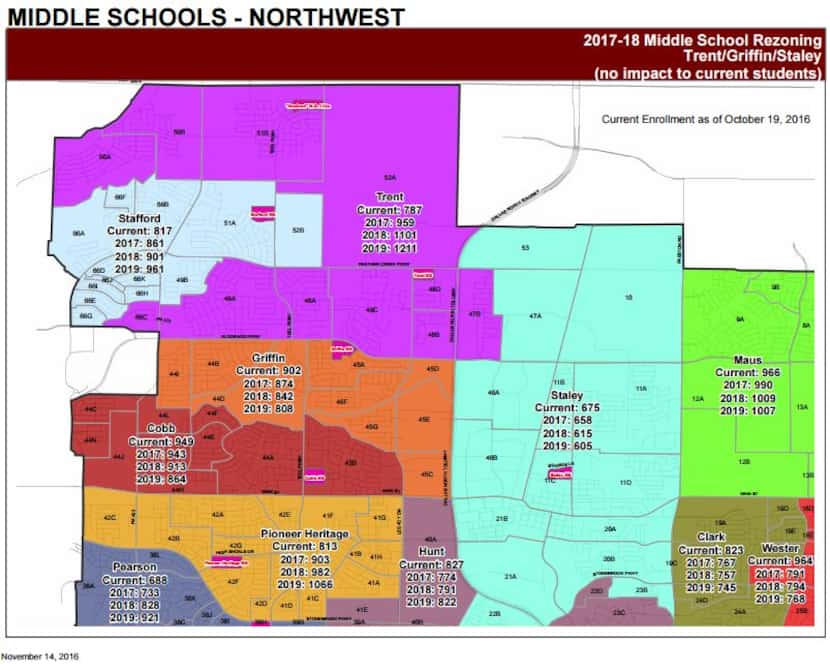Students in neighborhoods 10, 47A and 53 would move from Trent Middle School to Staley...