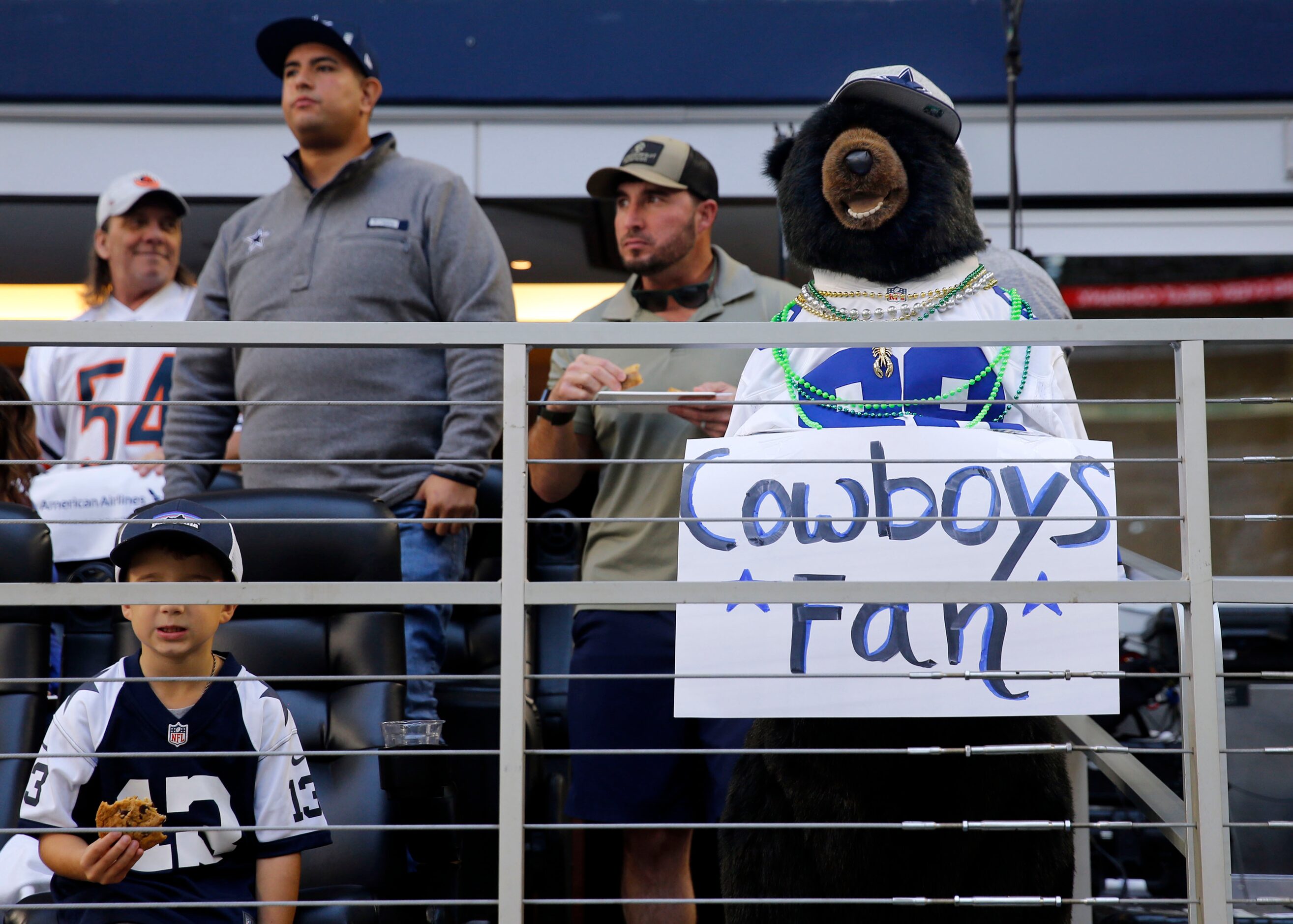 A Dallas Cowboys fan brought a stuffed bear to his field level suite for the Chicago Bears...