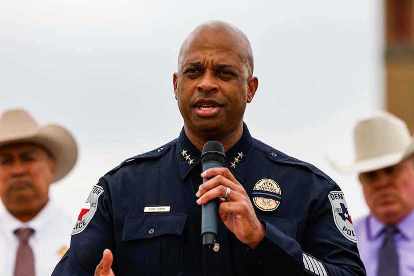 Denton Police Chief Frank Dixon spoke during a news conference in Corral City, Texas, on...