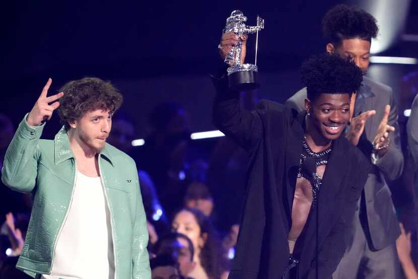 Jack Harlow, left, and Lil Nas X accept the award for best collaboration for "Industry Baby"...