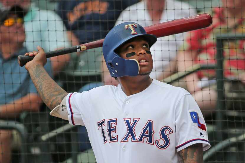 Texas Rangers left fielder Willie Calhoun (55) is pictured during the Houston Astros vs. the...