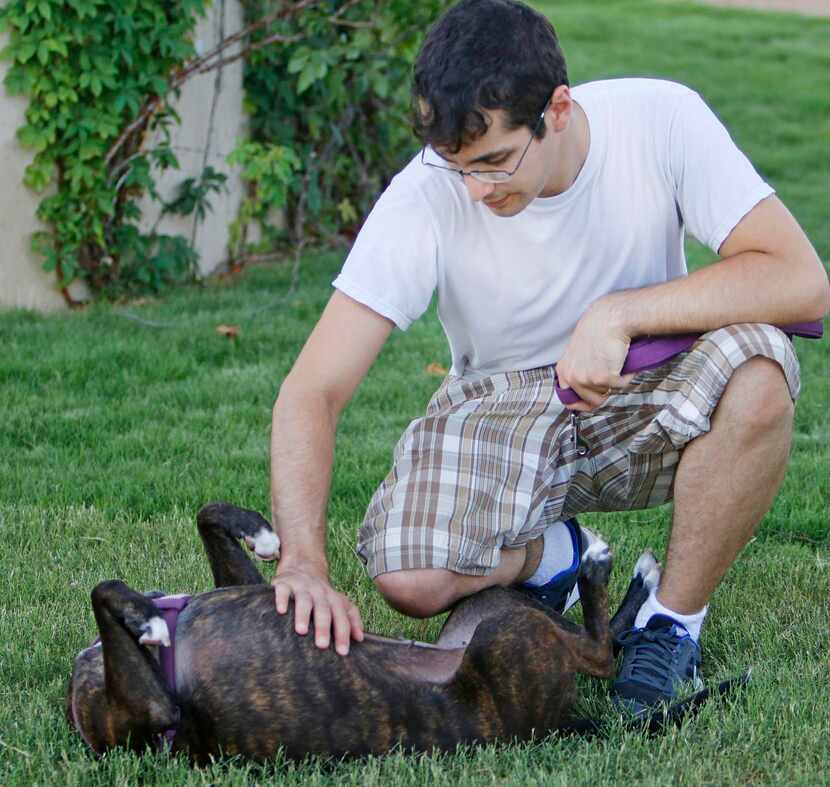 
Jonathan Bergknoff of Richardson pets his dog, Golda, at Bush Central Barkway in Richardson.
