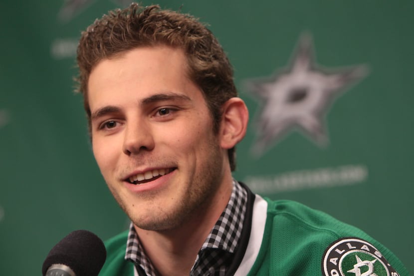 Tyler Seguin speaks at a press conference where he was introduced as a NHL hockey player for...