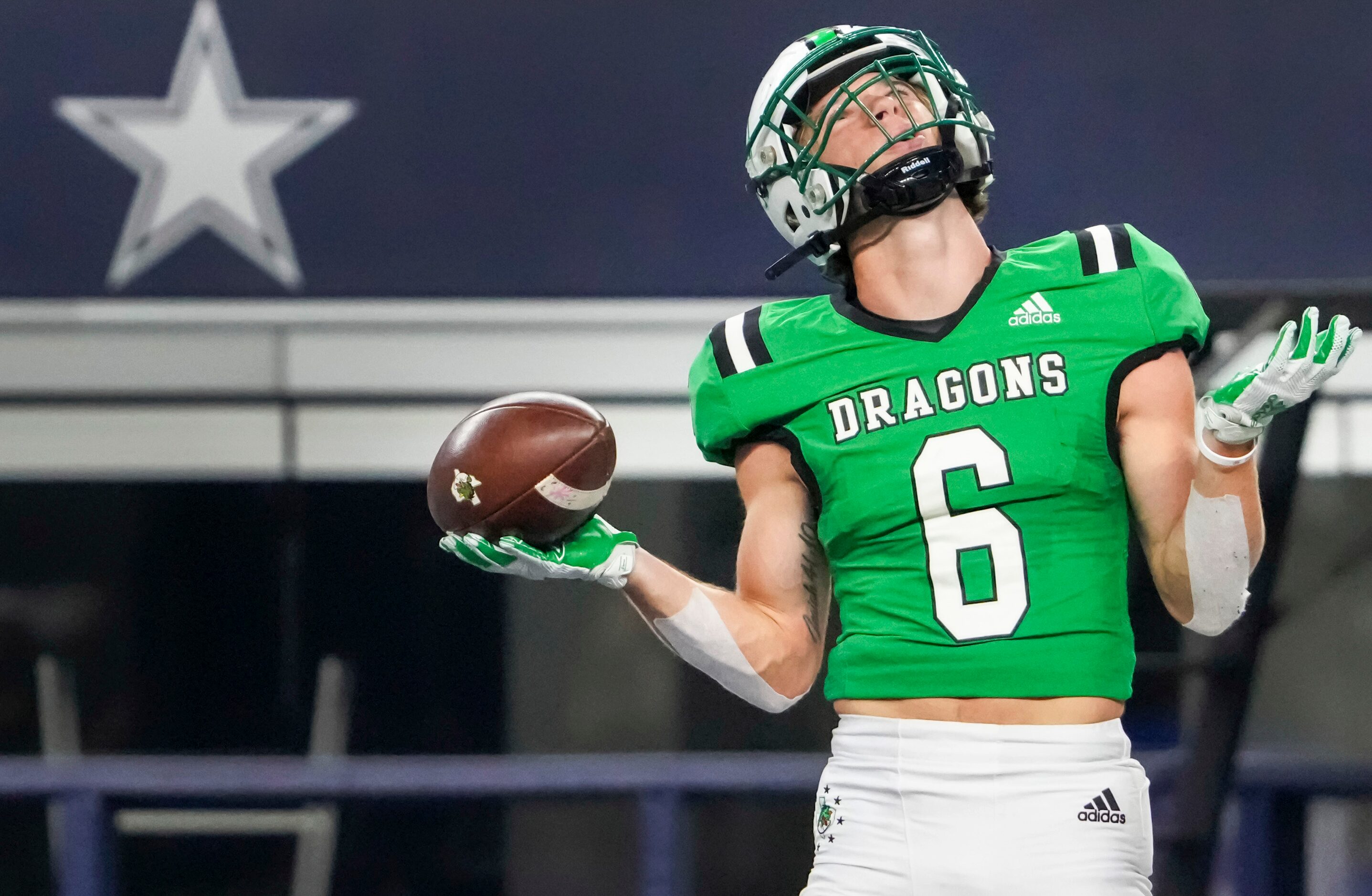 Southlake Carroll wide receiver Landon Samson (6) celebrates after scoring on a touchdown...