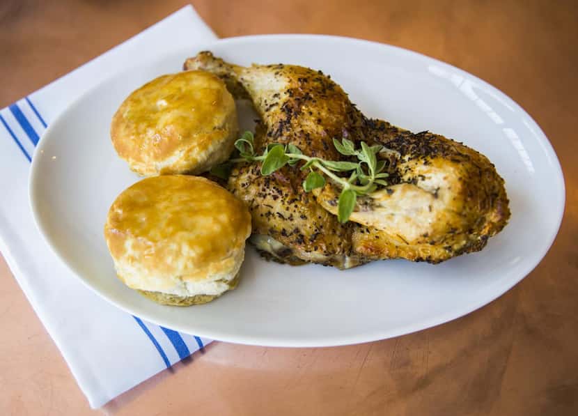 
Roasted and toasted chicken with homemade biscuits topped with a beurre blanc from Street’s...