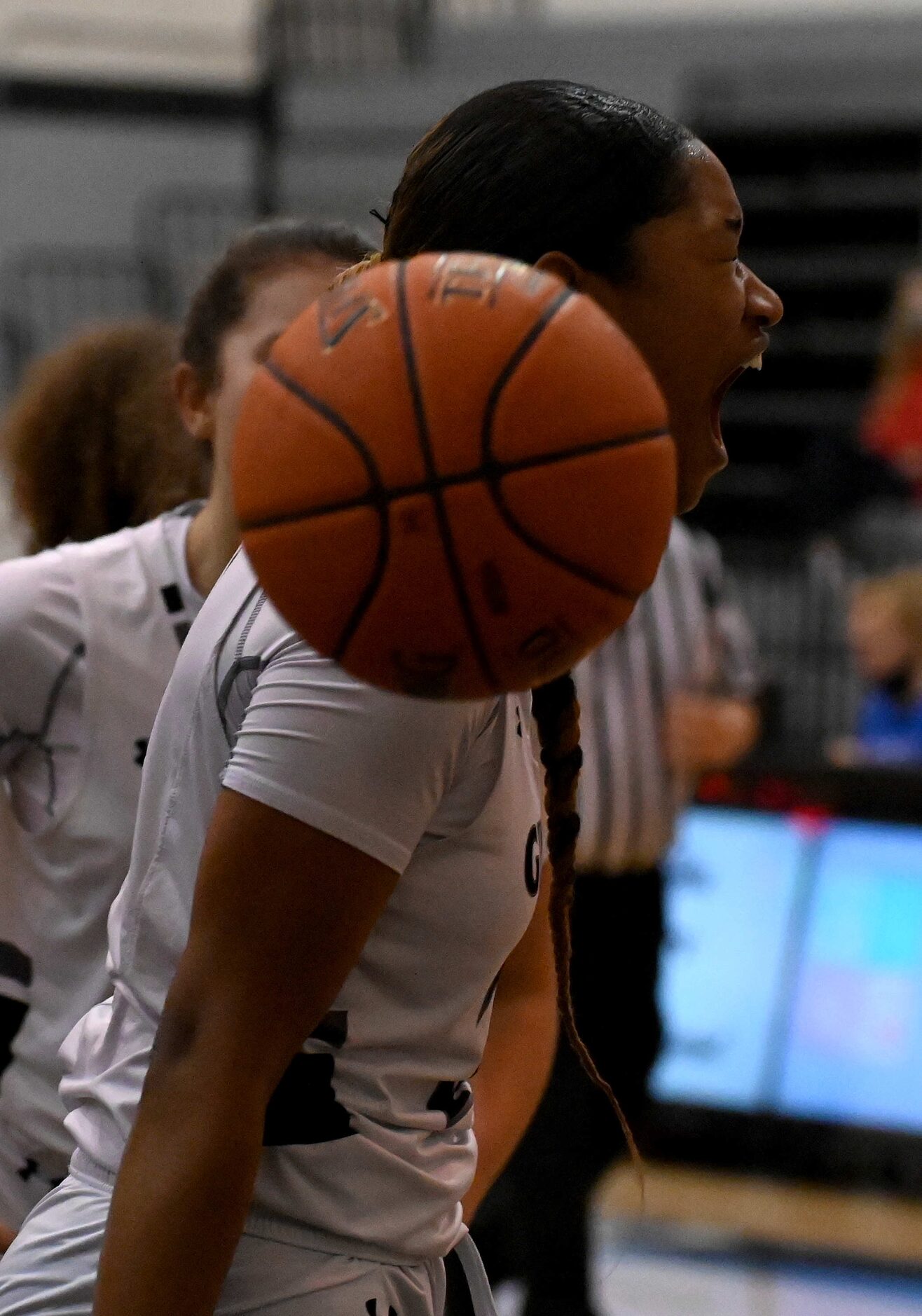 Denton Guyer’s Eryka Patton reacts to a play in the first half of a girls high school...