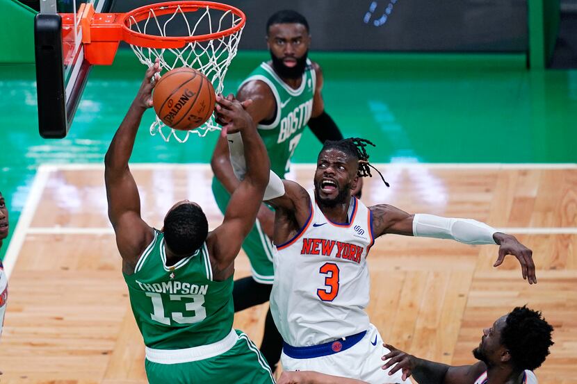 New York Knicks center Nerlens Noel (3) blocks a shot by Boston Celtics center Tristan...