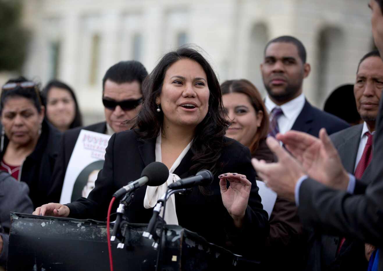 El Paso County Judge Veronica Escobar speaks during a news conference on Capitol Hill in...