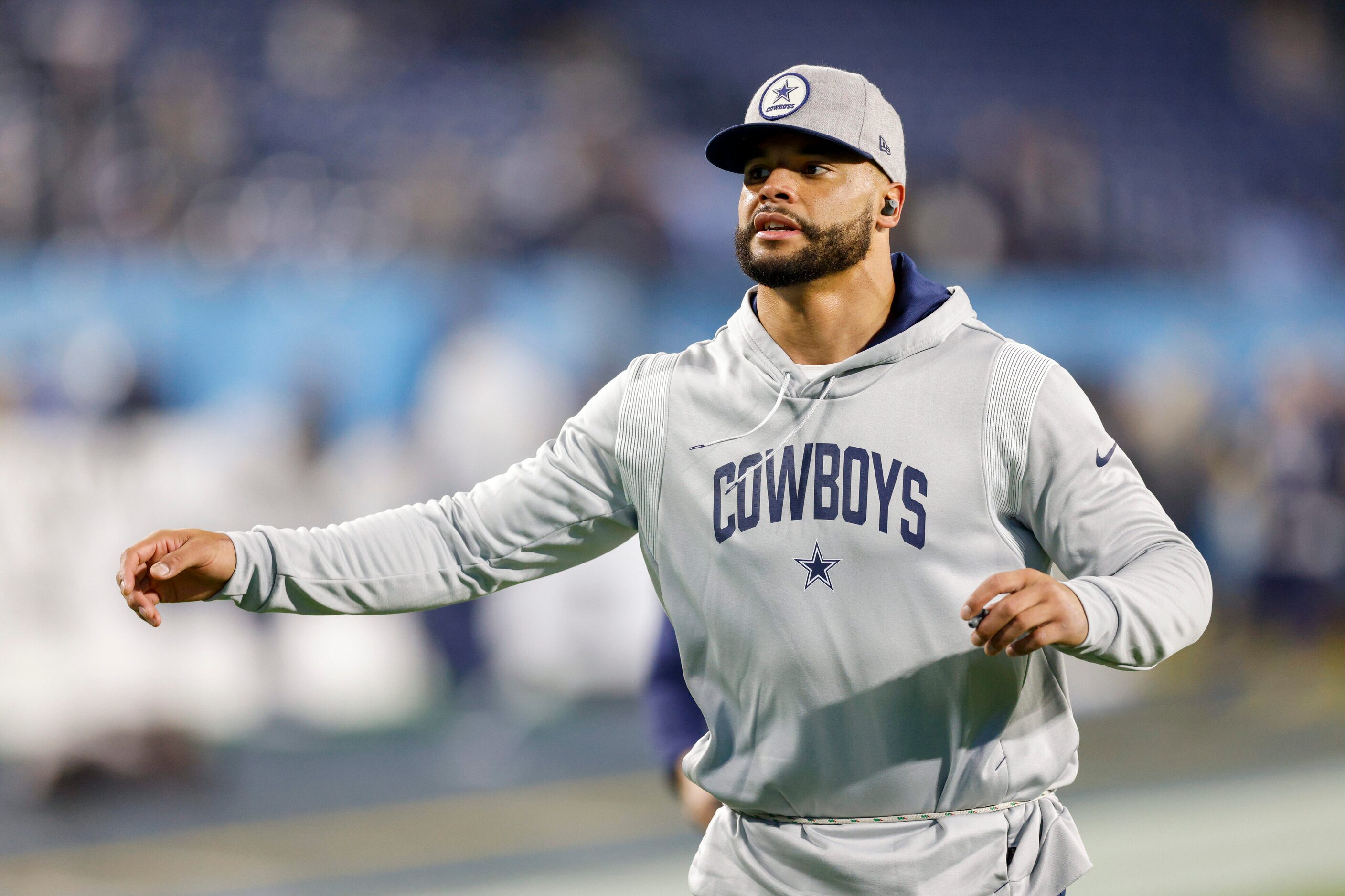 Dallas Cowboys quarterback Dak Prescott (4) warms up before an NFL game against the...