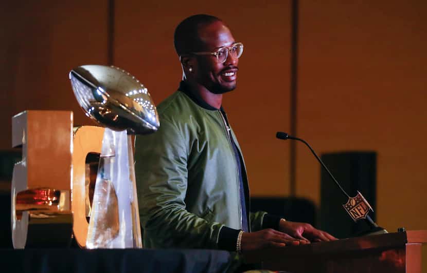 Denver Broncos' Von Miller, Super Bowl 50 Most Valuable Player, answers questions during a...