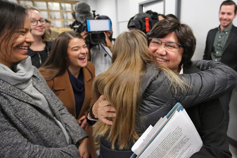 Lupe Valdez is hugged by well-wishers after her announcement that she will seek the...