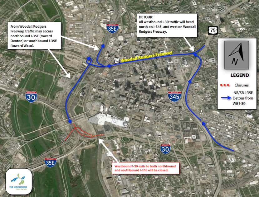 A map depicts detours from westbound I-30 to I-35E.