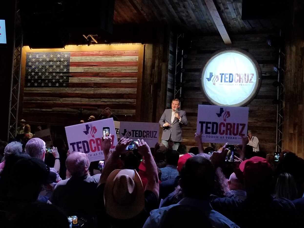Sen. Ted Cruz campaigns at the Redneck Country Club in Stafford, Texas, on Nov. 5, 2018, at...
