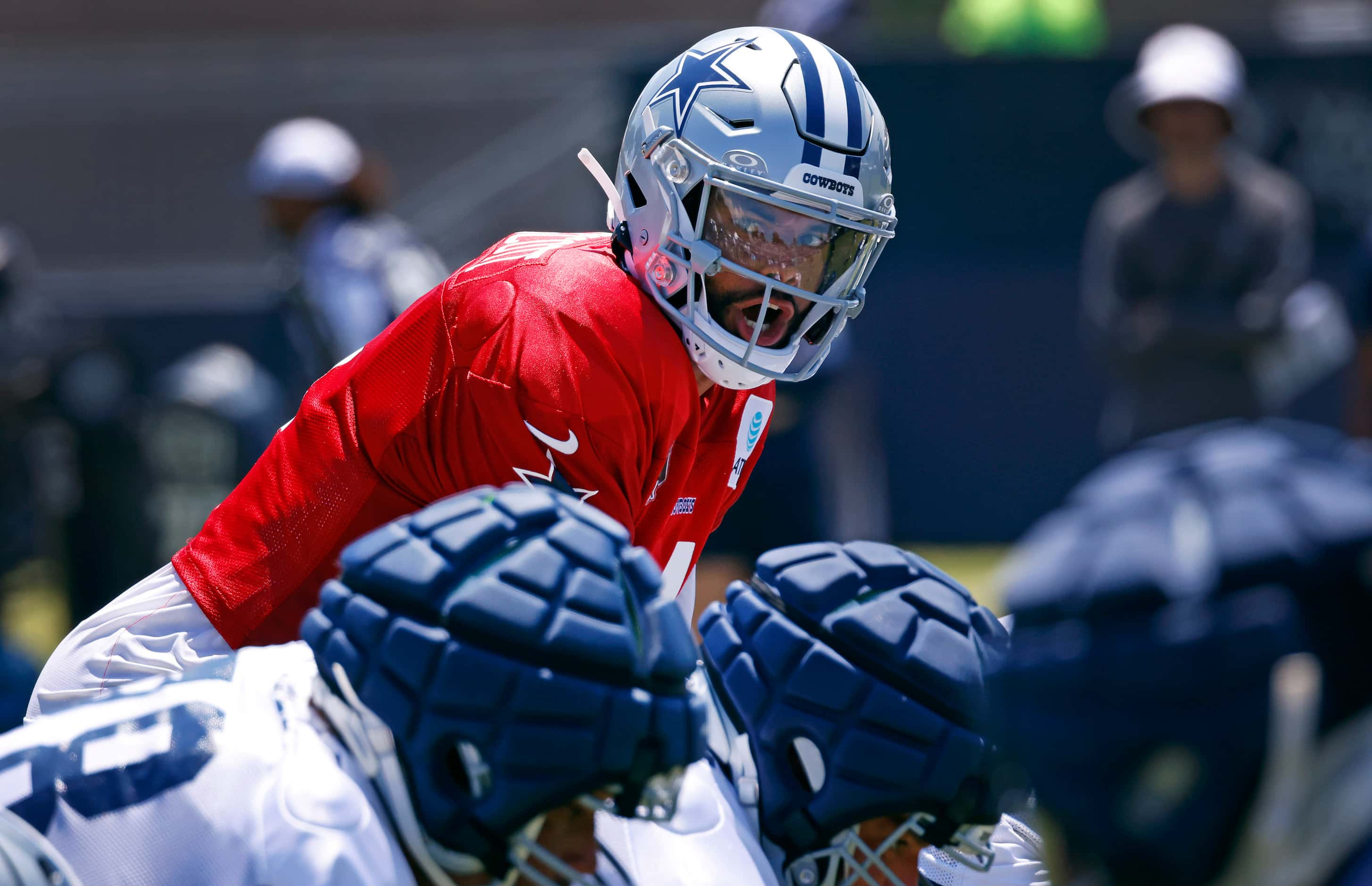 Dallas Cowboys quarterback Dak Prescott (4) yells ‘Here we Go’ at the line of scrimmage...