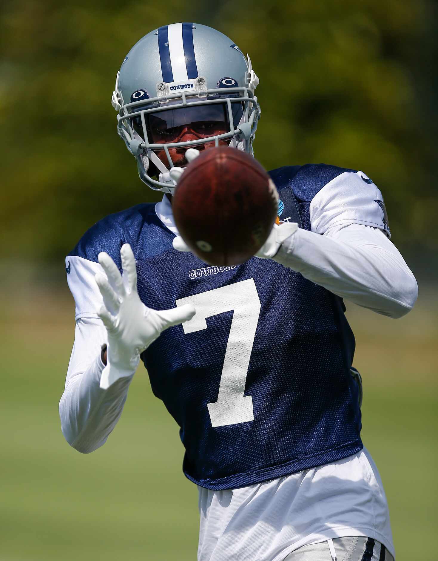 Dallas Cowboys cornerback Trevon Diggs (7) catches a pass during practice at The Star in...