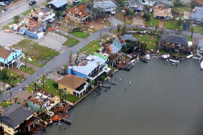 This aerial photo shows a view of damage in the wake of Hurricane Harvey, Monday, Aug. 28,...