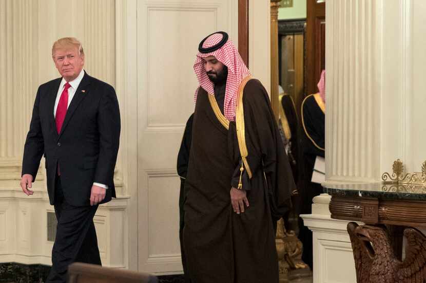 President Donald Trump arrives for lunch with Saudi Deputy Crown Prince Mohammed bin Salman,...