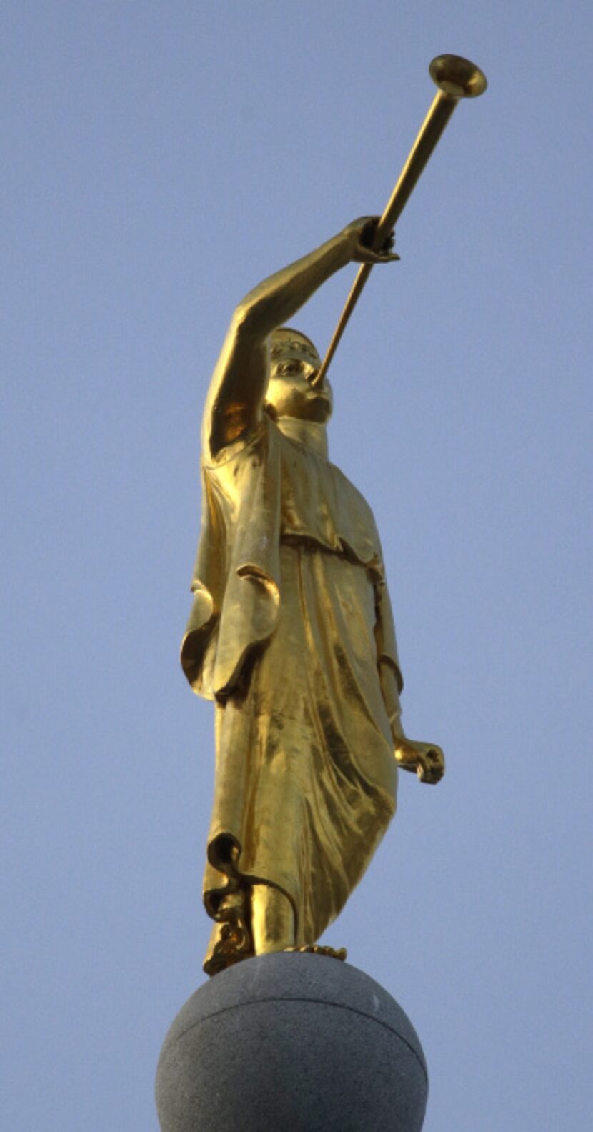 Angel Moroni sits a top the Salt Lake Temple Wednesday, Jan. 9, 2013, in Salt Lake City....