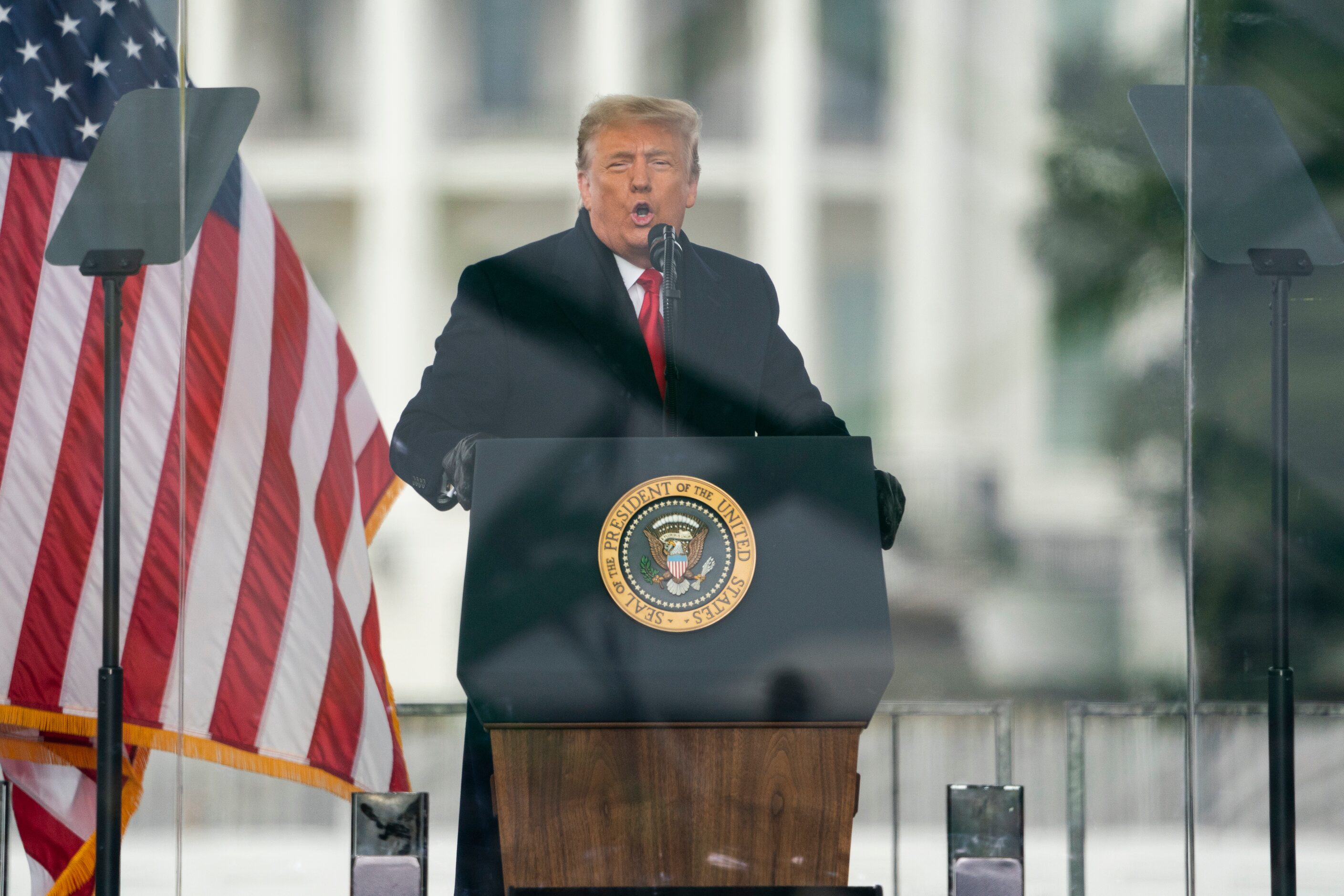 President Donald Trump speaks during a rally protesting the electoral college certification...