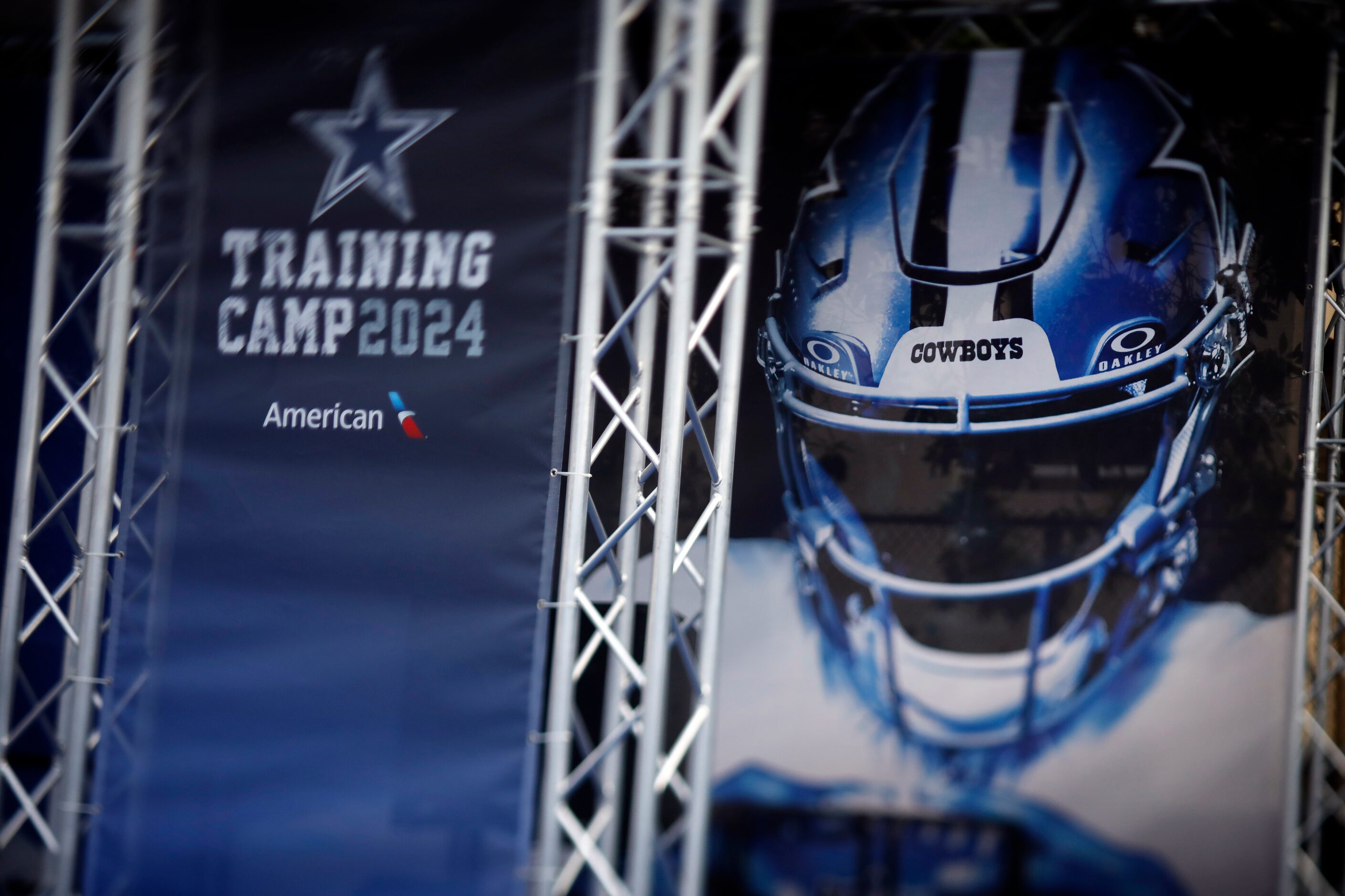 The media stage rigging and posters are in place for the opening of Dallas Cowboys Training...