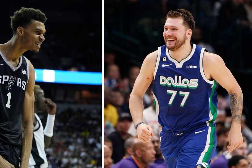 The Spurs' Victor Wembanyama (left) and the Mavs' Luka Doncic (right). (Left photo from The...
