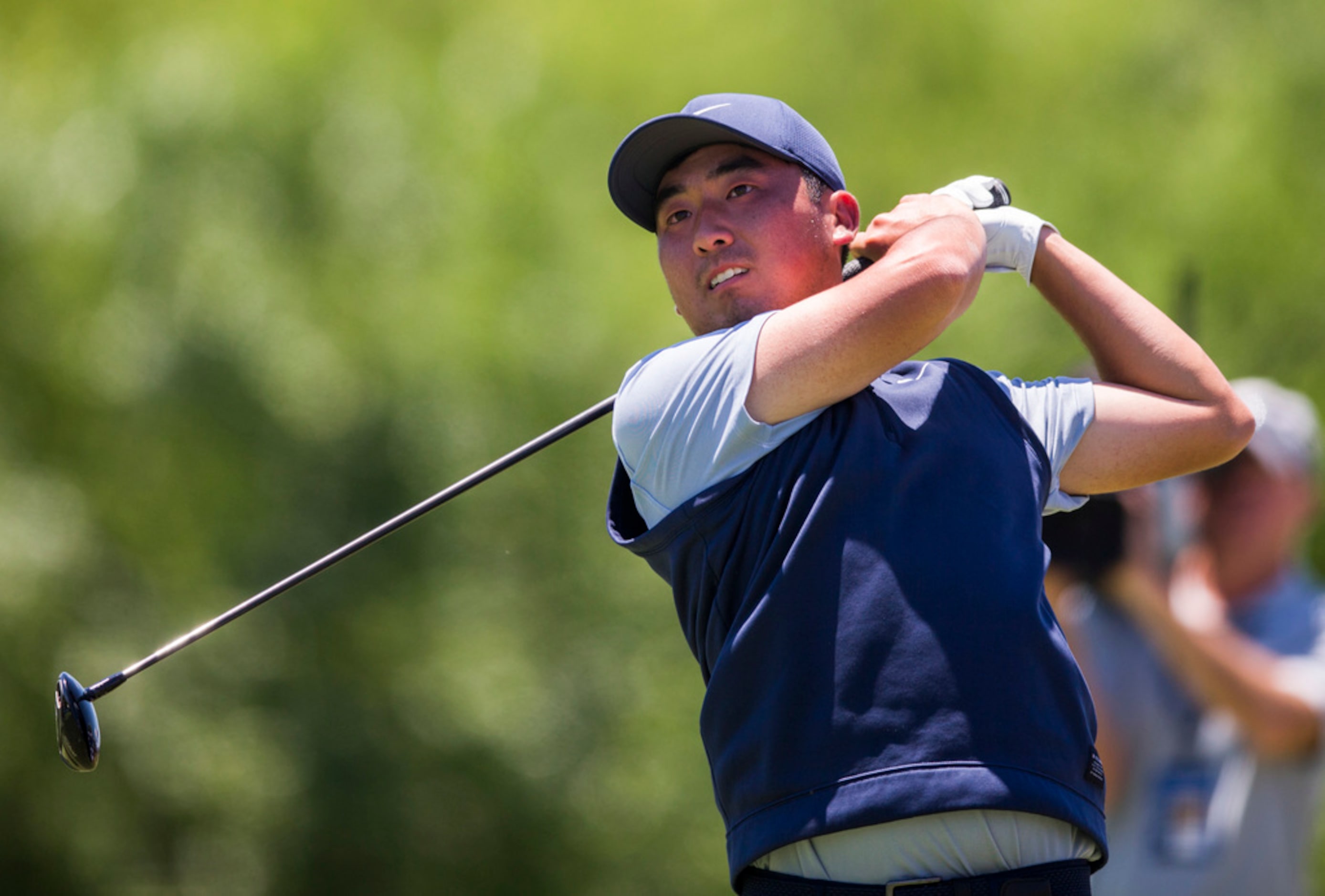 Doug Ghim tees off at hole 4 during round 4 of the AT&T Byron Nelson golf tournament on...