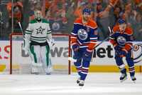 Edmonton Oilers center Connor McDavid (97) skates back to the bench after scoring a goal...