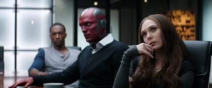 In this image released by Disney, Anthony Mackie, from left,  Paul Bettany and Elizabeth...