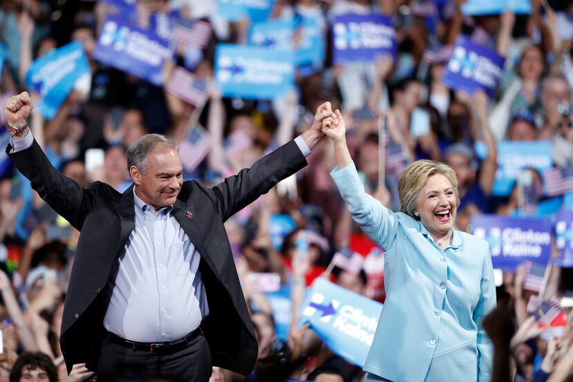 Democratic presidential candidate Hillary Clinton arrives with running mate Tim Kaine at a...