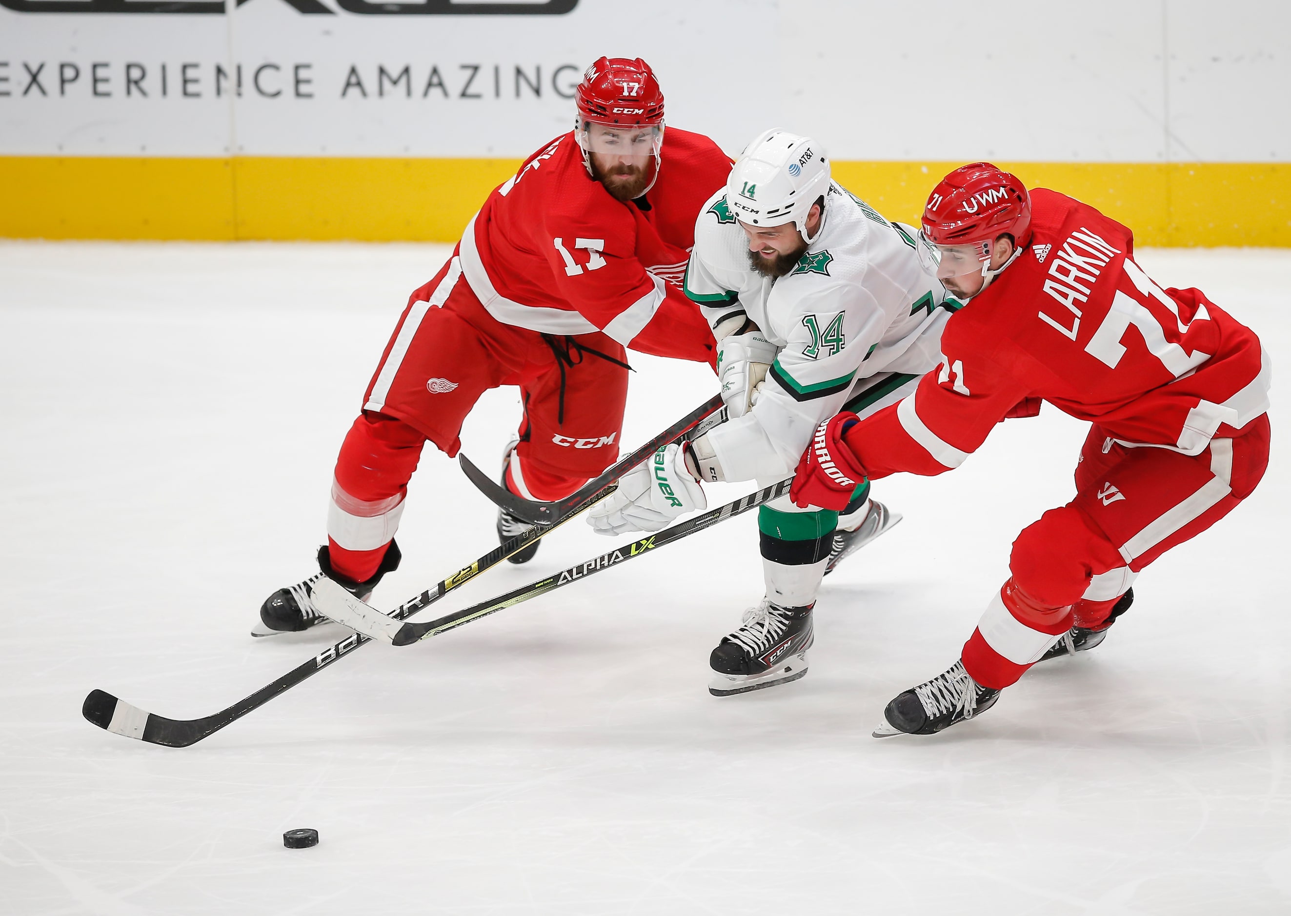 Dallas Stars forward Jamie Benn (14) battles Detroit Red Wings defenseman Filip Hronek (17)...