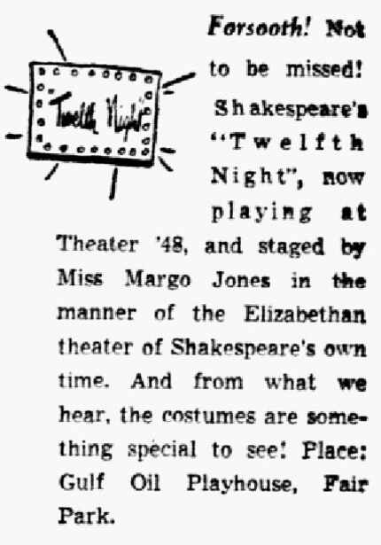 A Neiman Marcus advertisement for Theatre '48's performance of Shakespeare's "Twelfth...