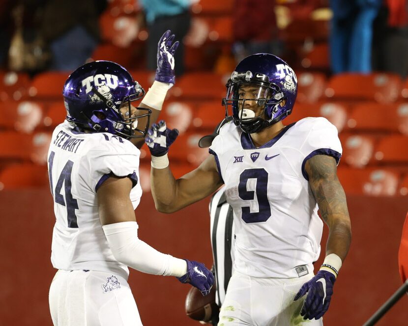 Oct 17, 2015; Ames, IA, USA; TCU Horned Frogs wide receiver Josh Doctson (9) and wide...