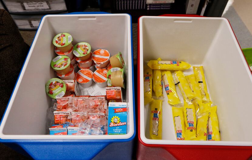 Breakfast is stored in containers in classrooms at Heather Glen Elementary School. (David...