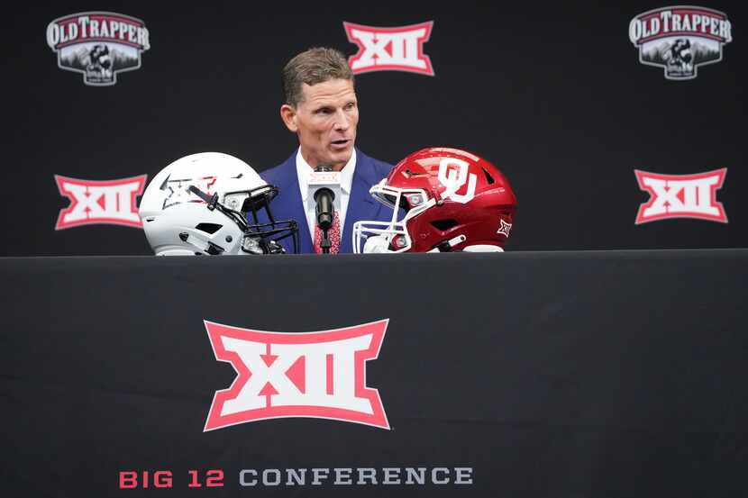 Oklahoma head coach Brent Venables speaks to reporters during the Big 12 Conference football...