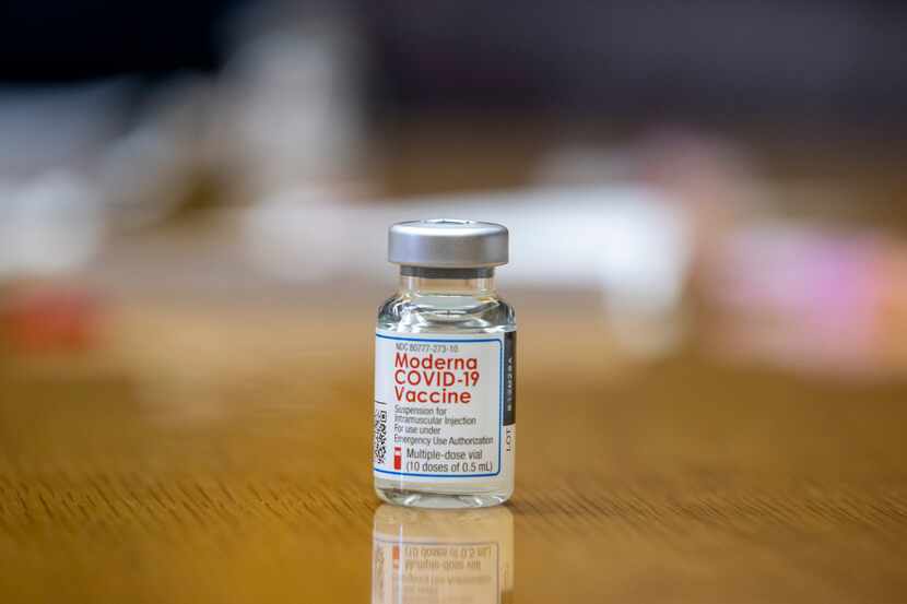 A vial of the Moderna COVID-19 vaccine is pictured in this file photo. Officials are calling...