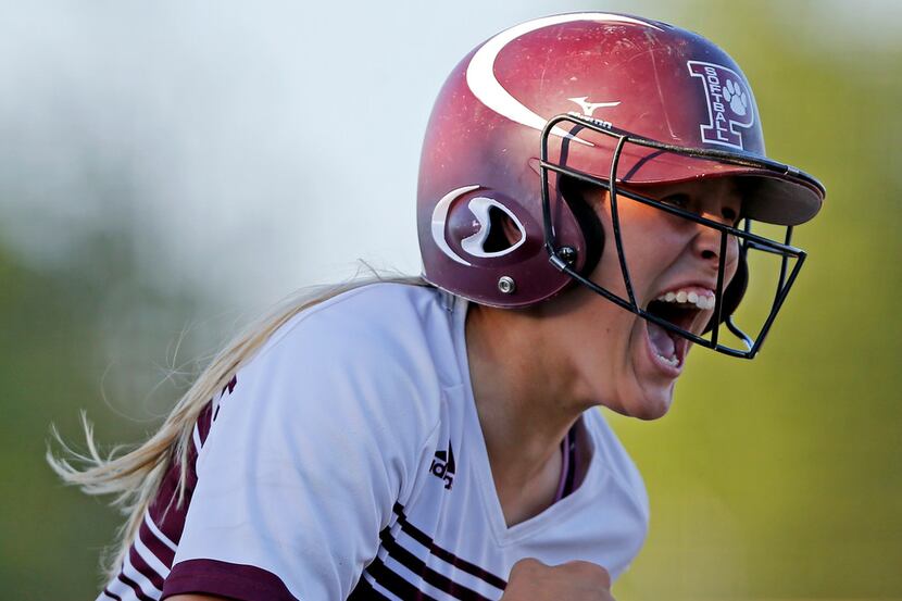 Plano's Czoey White celebrates hitting a home run during Friday's 10-6 win over Flower Mound...