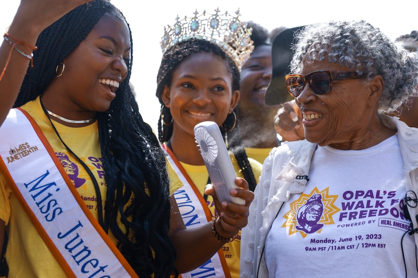 Raven Johnson (left), Miss Juneteenth DFW 2023, and Madison Corzine (center), National Miss...