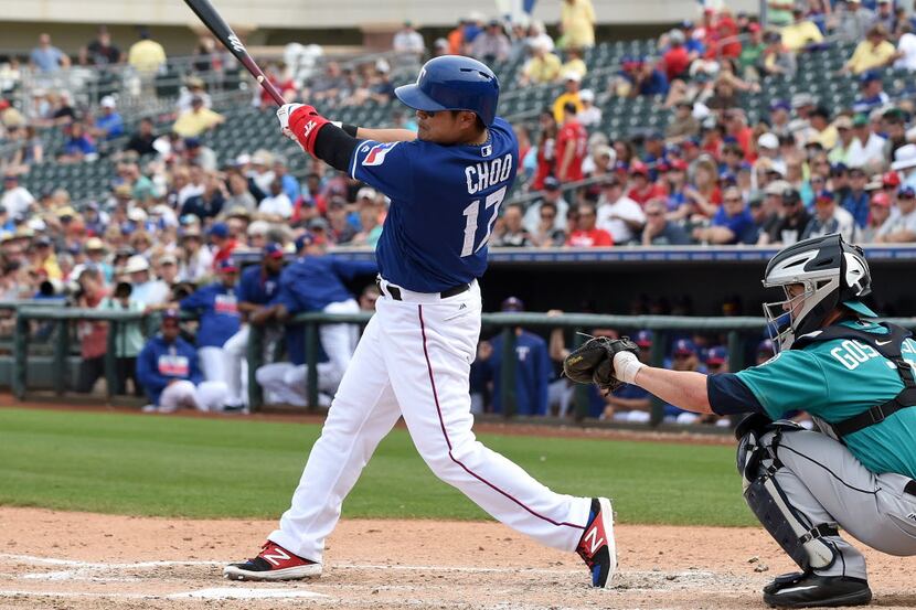 SURPRISE, AZ - MARCH 03:  Shin-Soo Choo #17 of the Texas Rangers bats in the third inning...