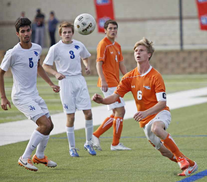 Frisco Wakeland player Dylan Rakestraw (6) reacts to the ball as Trophy Club Byron Nelson...
