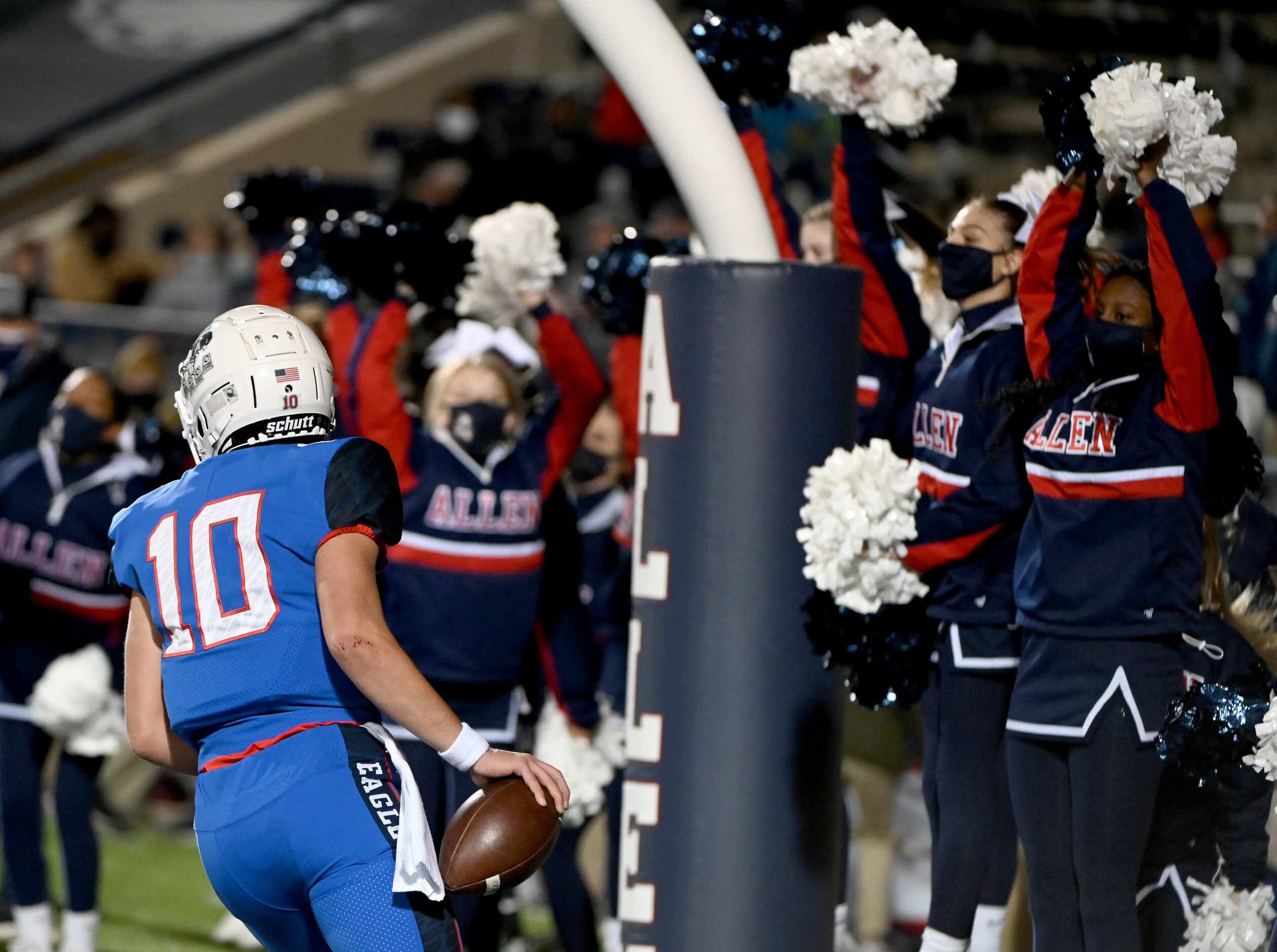 Allen’s General Booty runs through the end zone after his rushing touchdown in the third...