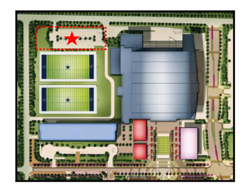 The planned office project would be constructed overlooking the Dallas Cowboy's practice...