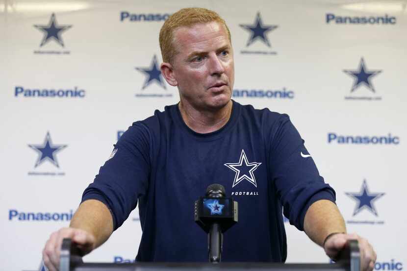 Dallas Cowboys Head Coach Jason Garrett answers questions during a press conferecen at...