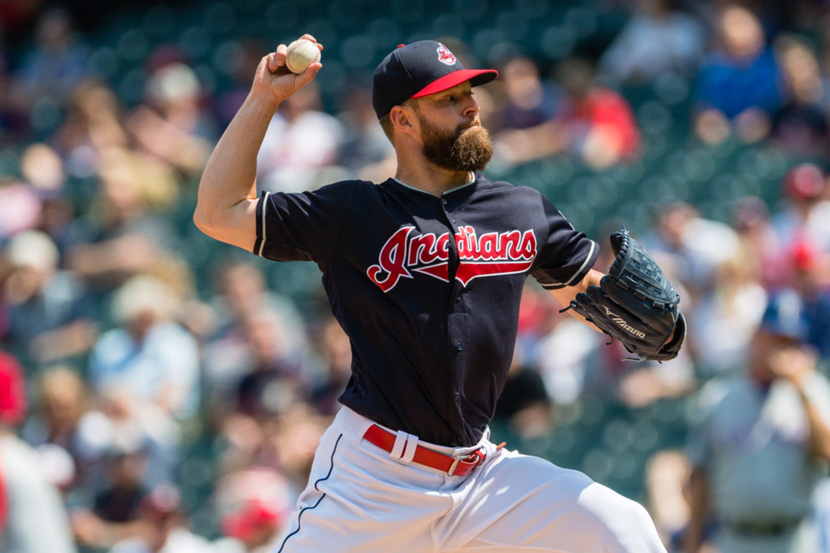 CLEVELAND, OH - MAY 2: Starting pitcher Corey Kluber #28 of the Cleveland Indians pitches...