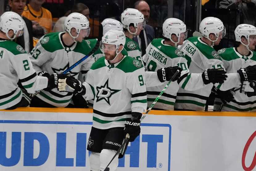 Dallas Stars center Tyler Seguin (91) celebrates a goal with teammates during the second...