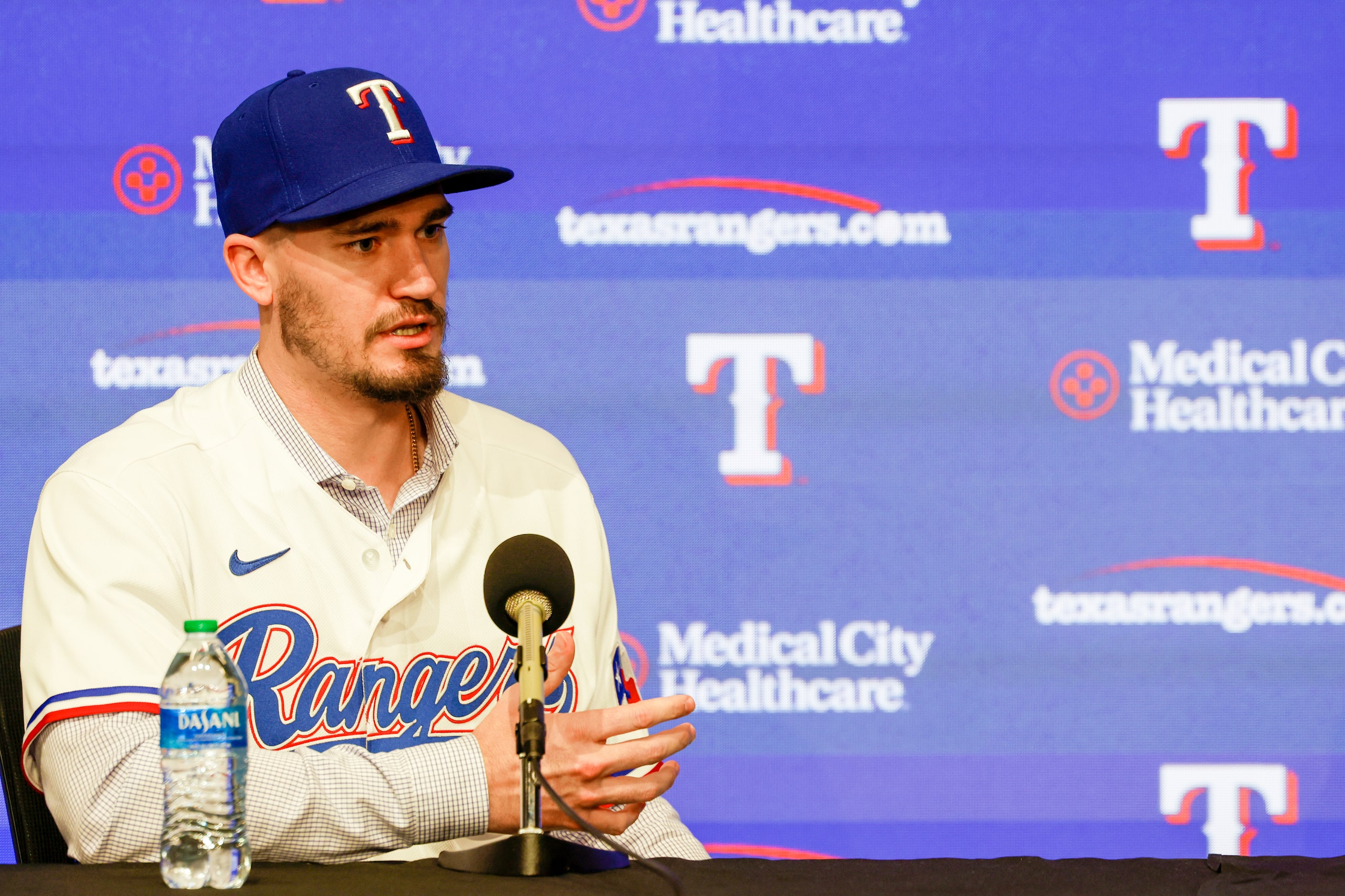 New Texas Rangers pitcher Andrew Heaney responds to media questions at Globe Life Field on...