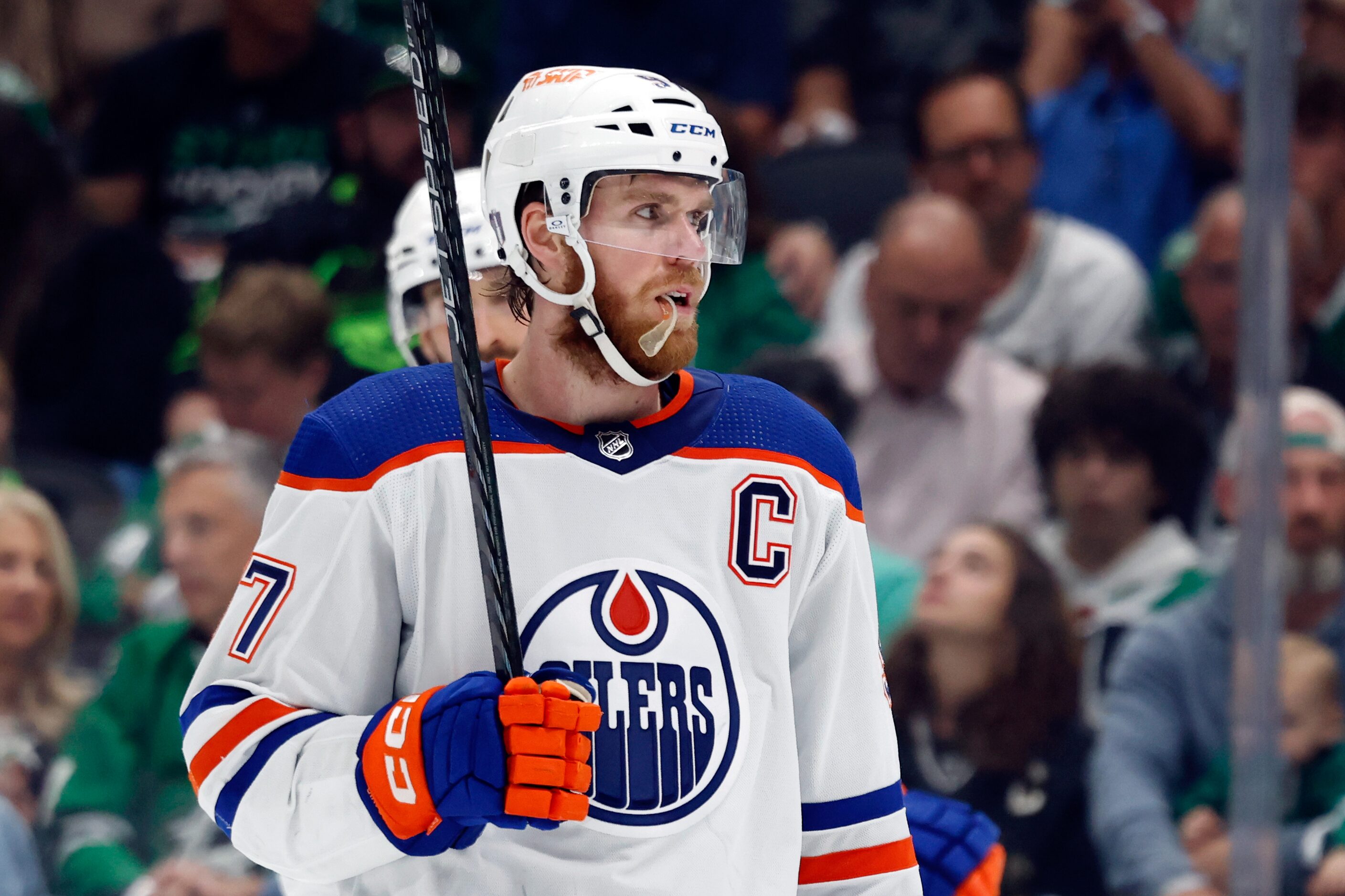 Edmonton Oilers center Connor McDavid (97) stands on the ice during a timeout during the...