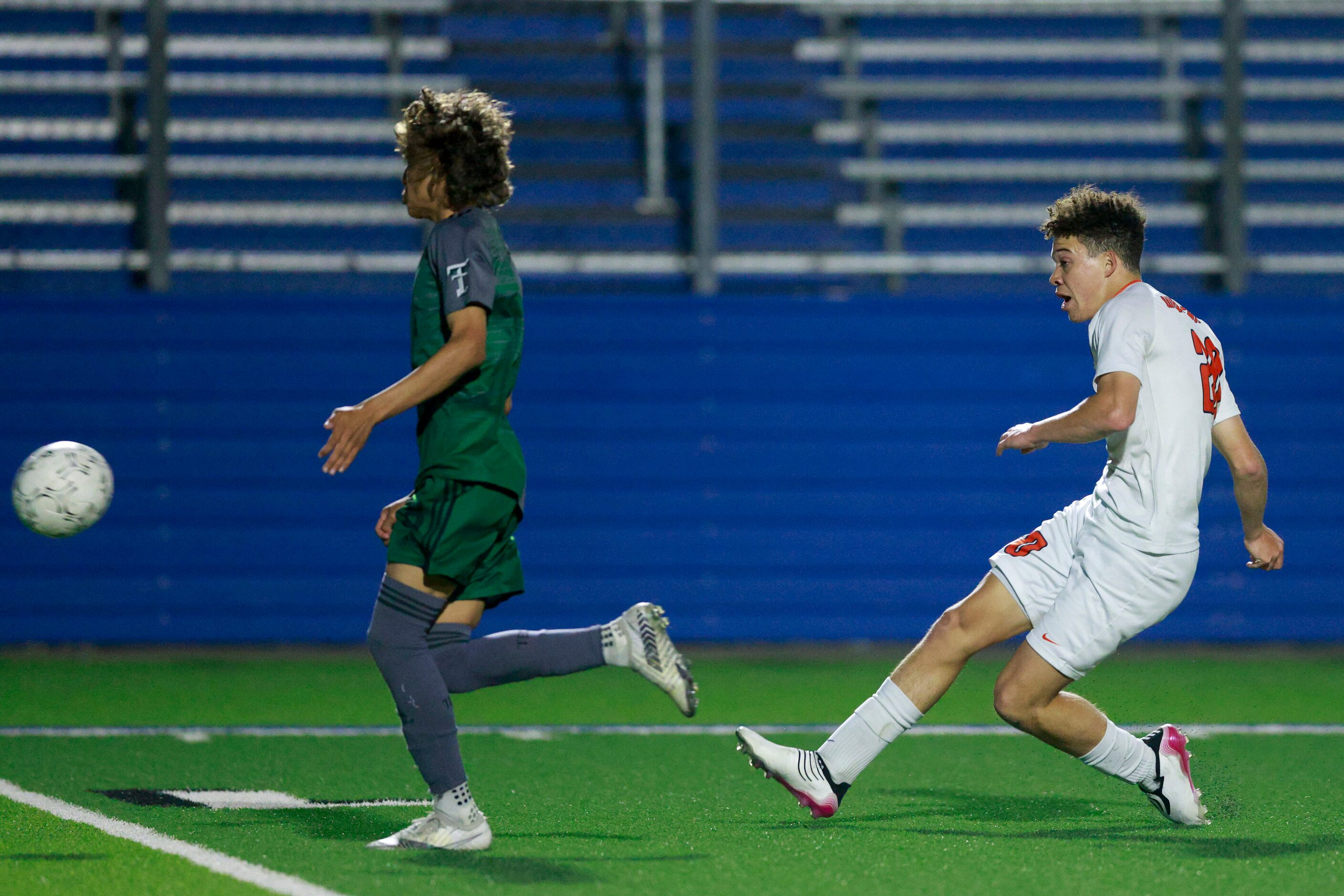 Frisco Wakeland forward Brennan Bezdek (22) shoots the ball past Fort Worth Trimble Tech...