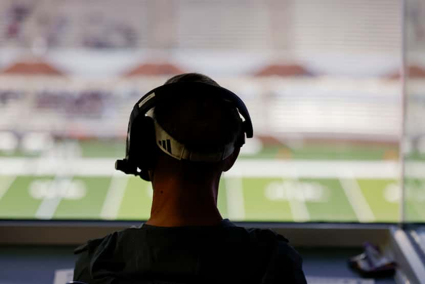 Ennis High School head coach Sam Harrell sits in the press box ahead of the first half of a...