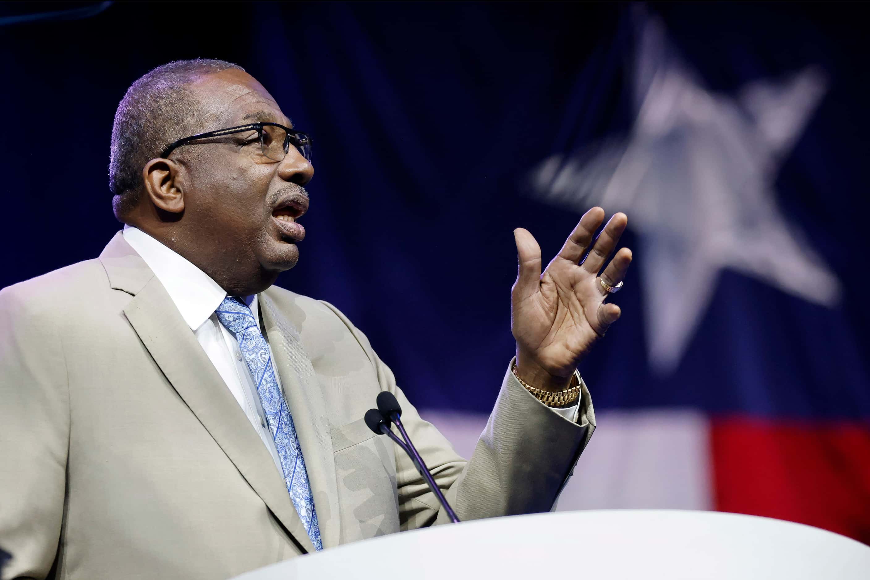 State Senator Royce West speaks to delegates and guests during the 2022 Texas Democratic...