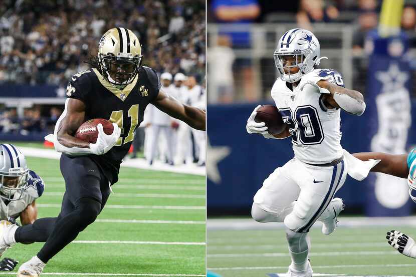 New Orleans Saints running back Alvin Kamara (left) and Dallas Cowboys running back Tony...